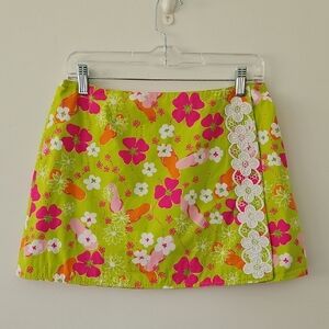 Lilly Pulitzer Vintage Mini Wrap Skirt Gidget Green Flip Flops Size 4 Reversible